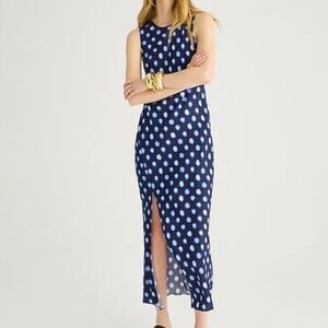 J.Crew Blue Polka Dot High Neck Sleeveless Maxi Slip Dress Slit Sz 10 Cupro Silk